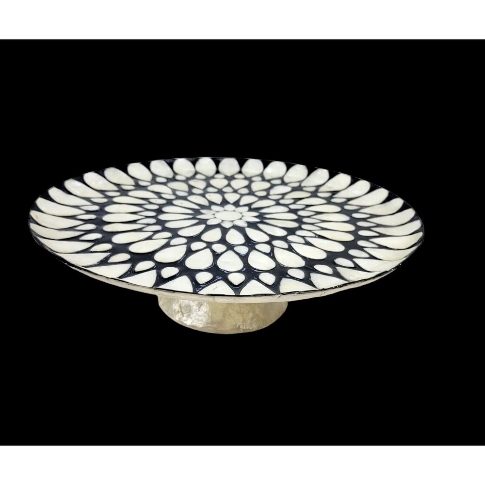 Capiz Shell Pedestal Cake Stand Plate Decorative Flower Inlay Black Ivory 13"